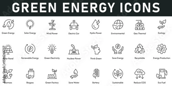 Fototapeta Green Energy Icons vector illustration with thin line editable stroke contain solar energy, wind power, hydropower, environment, eco fuel, sustainable, biomass, energy production, save energy, ecology