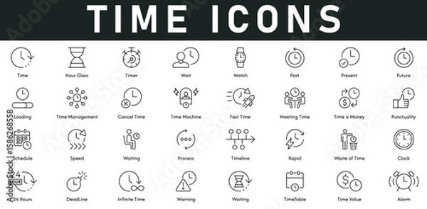 Fototapeta Time Icons vector illustration with thin line editable stroke contains hourglass, timer, wait, watch, time management, time machine, fast time, meeting time, time is money, schedule, deadline, 24 hour