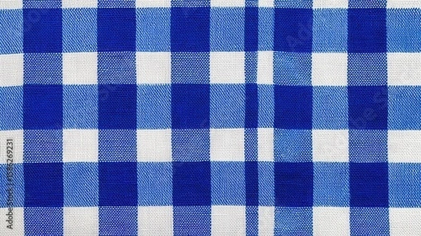 Obraz Blue white checkered picnic tablecloth as background, top view