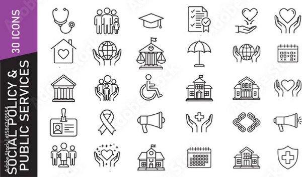 Obraz Social policy and public services icon set – outline style for health, rights, and care design