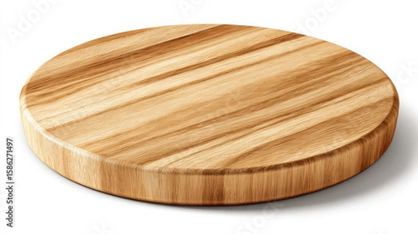 Fototapeta A round wooden cutting board with visible wood grain pattern sitting on a white surface in studio lighting