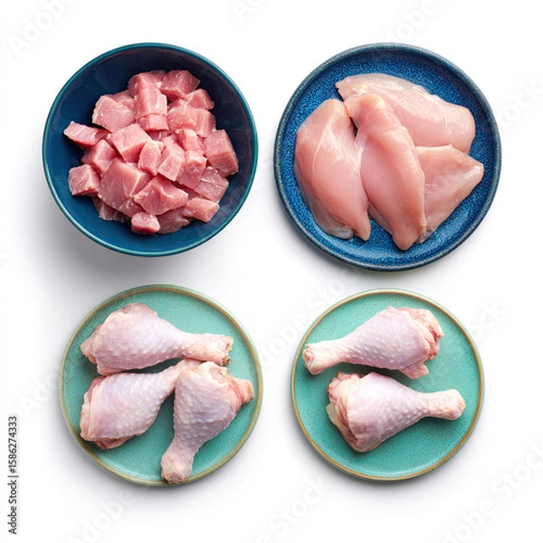 Fototapeta Aerial view of raw chicken pieces including diced breast and drumsticks on colorful plates and bowls