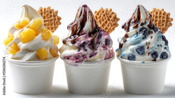 Fototapeta Three cups of frozen yogurt with toppings and wafers against a white background in a studio shot