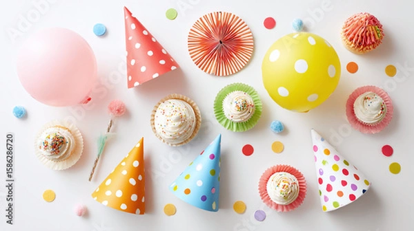 Fototapeta Kids’ birthday flat lay with noisemakers, polka-dot balloons, cupcakes and paper hats, cheerful and playful arrangement, isolated on transparent background 