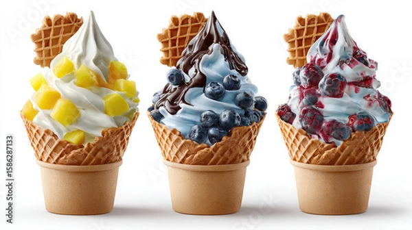 Fototapeta Three ice cream cones with different toppings and waffle cookies on a white background studio shot
