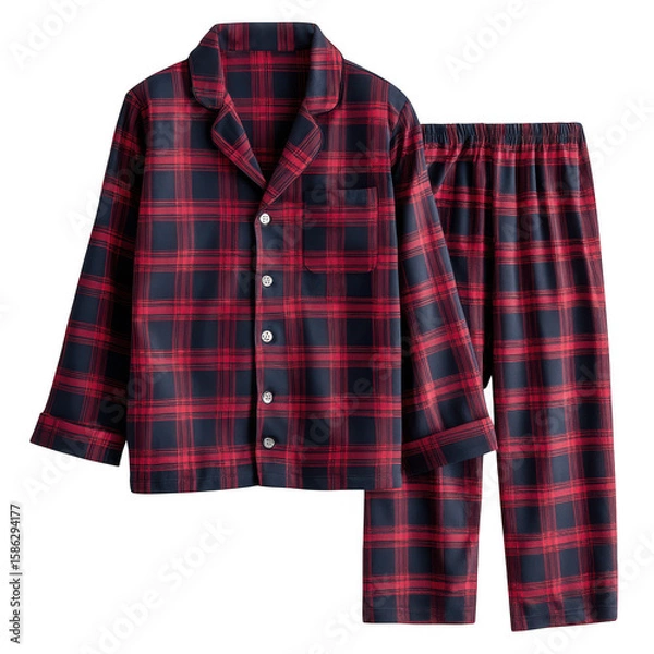 Fototapeta Cozy red and navy plaid pajama set for sleep and lounging isolated on transparent background