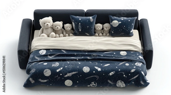 Fototapeta A sofa bed with space themed bedding and teddy bears sitting on top against a white background