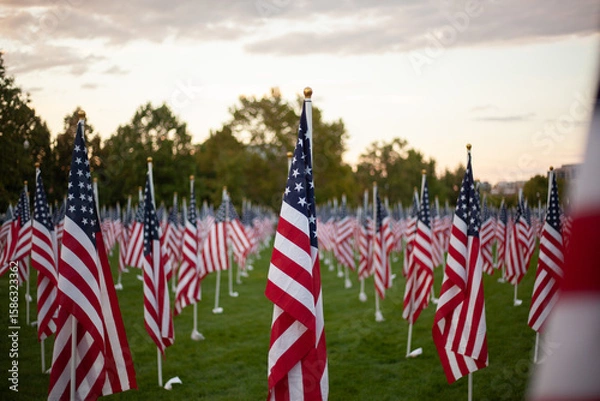 Fototapeta american flags in the city