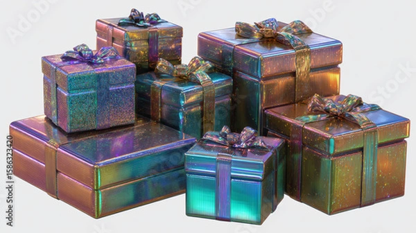 Fototapeta Pile of digital birthday presents with shiny wrapping papers and stacked neatly, 3D look, transparent background