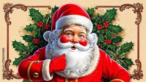 Obraz Vintage Santa Claus with Holly Berry leaves and berries 