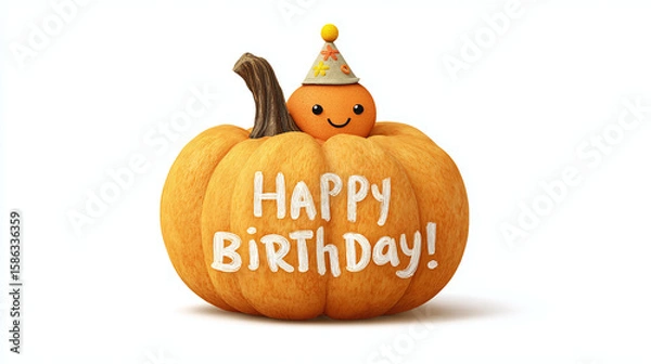 Fototapeta Pumpkin with carved "Happy B-Day" message and tiny hat on top, cute fall celebration, transparent background
