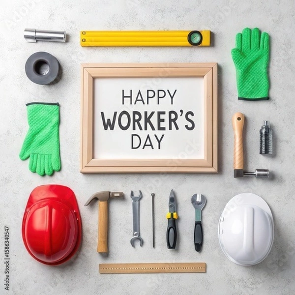 Obraz Happy workers day celebration with tools and safety gear display