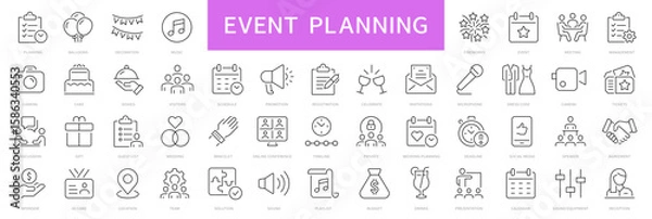 Fototapeta Event planning thin line icons set. Party, birthday, event organization, celebration icon. Editable stroke. Vector