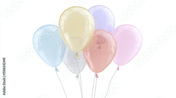 Fototapeta Set of five pastel balloons in different colors tied together with string, semi-transparent style, transparent background