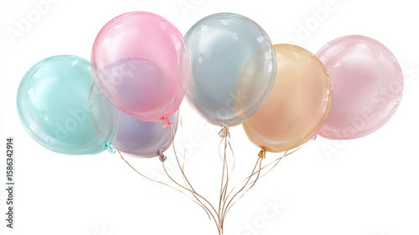 Fototapeta Set of five pastel balloons in different colors tied together with string, semi-transparent style, transparent background