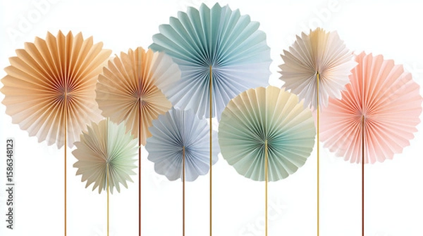 Fototapeta Set of wall-mounted birthday paper fans in gradient pastel hues, decorative elements, transparent background