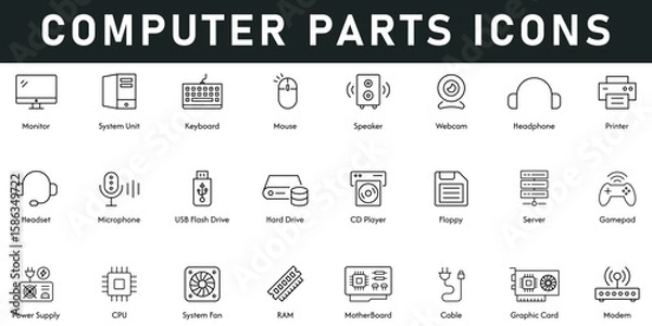 Fototapeta Computer Parts Icons vector illustration with thin line editable stroke contains monitor, system, keyboard, mouse, headphone, hard drive, server, power supply, CPU, motherboard, cable, graphic card