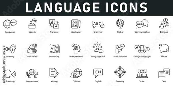 Fototapeta Language Icons vector illustration with thin line editable stroke contains speech, translate, vocabulary, grammar, global, communication, listening, text, diversity, international, dictionary, skills.
