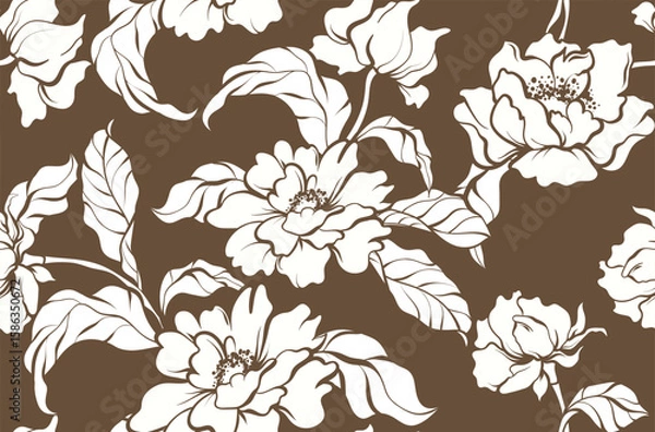 Fototapeta Seamless flower pattern. Line floral pattern. Textile print pattern