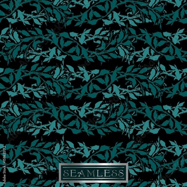 Fototapeta Seamless texture with interwoven green branches on a black background (elf style)