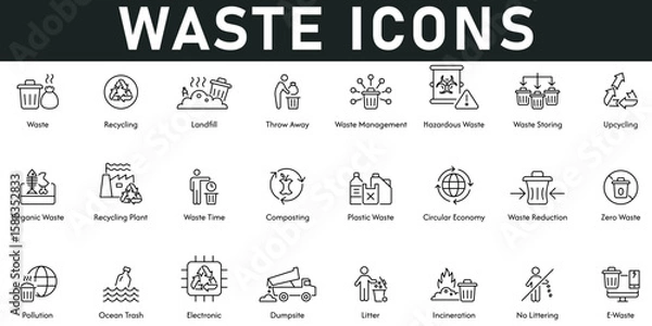 Fototapeta Waste Icons vector illustration with thin line editable stroke contains recycling, landfill, waste management, hazardous waste, sorting, upcycling, compositing, plastic waste, circular economy, litter