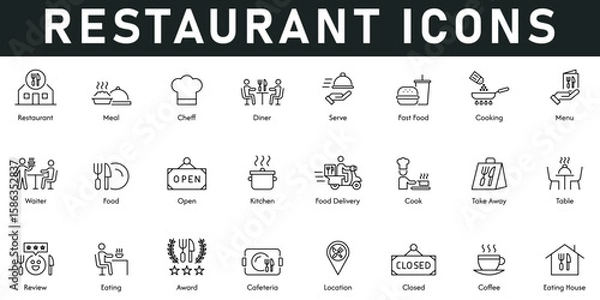 Fototapeta Restaurant Icons vector illustration with thin line editable stroke contains meal, chef, diner, serve, fast food, cooking, menu, waiter, food, open, kitchen, location, award, review, table, take away