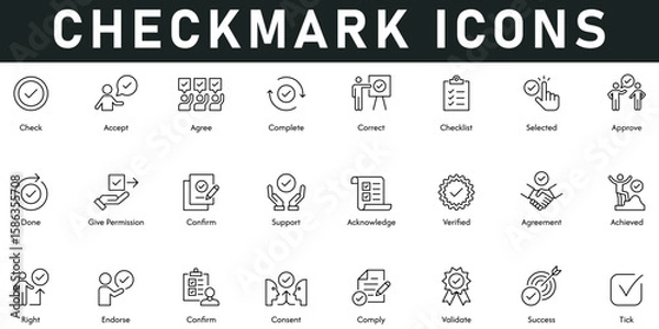 Fototapeta Check Mark Icons vector illustration with thin line editable stroke contain accept, agree, complete, correct, checklist, approve, success, validate, consent, confirm, right, endorse, achieved, support