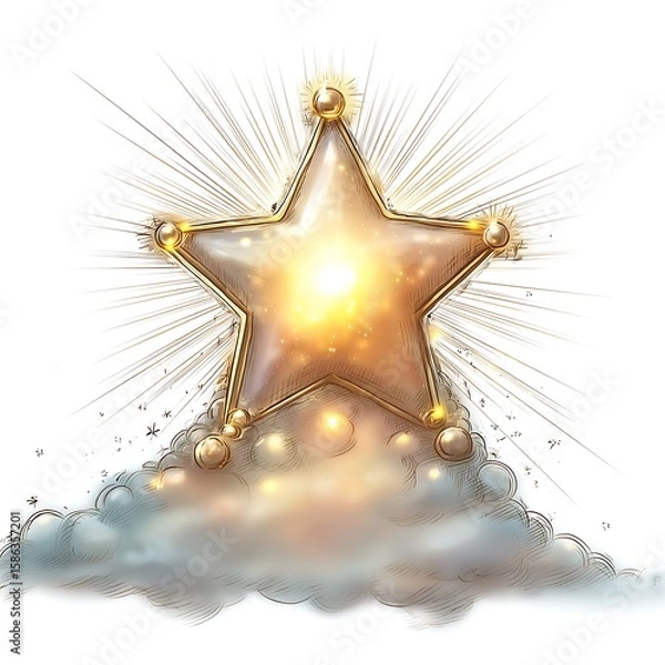 Fototapeta Festive Glittering Gold Starburst Illustration with Light Rays & Sparkle Effects
