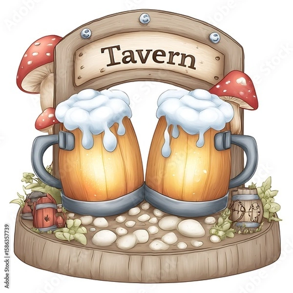 Fototapeta Rustic Winter Tavern Beer Mugs Illustration with Foam, Snowy Base & Mushroom Accents
