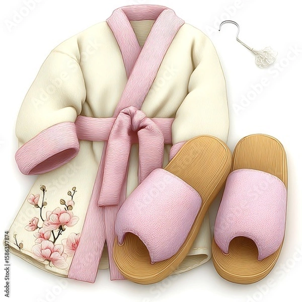 Fototapeta Cozy Plush Spa Bathrobe with Hood and Matching Slippers Set for Home and Hotel
