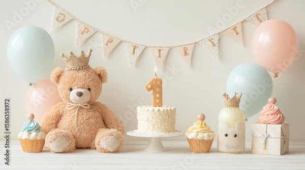 Fototapeta Soft pastel-colored birthday scene for 1-year-old baby, with teddy bear, crown hat, and tiny cake with one candle, playful and sweet vibe, isolated on transparent background 