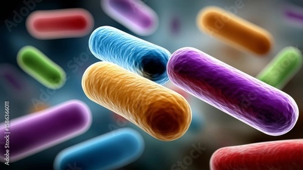 Fototapeta Purple and blue microscopic bacteria floating in space symbolizing medical research, infection and microbiology visualization, Generative AI