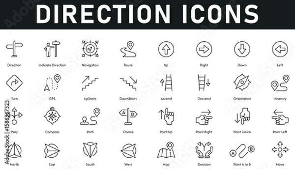 Fototapeta Direction Icons vector illustration with thin line editable stroke containing move, decision, map, east west, point, choice, path, compass, way, orientation, ascend, downstairs, GPS, turn, route.	