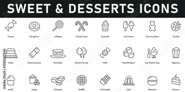 Fototapeta Sweet and dessert Icons vector illustration with thin line editable stroke contains jelly, chocolate, caramel, sugar, popcorn, ice cream, cake, cookie, cupcake, lollipop, candy, doughnut, chewing gum.