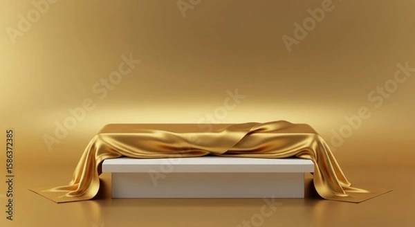Fototapeta A golden cloth draped over a white rectangular pedestal, creating a luxurious presentation.