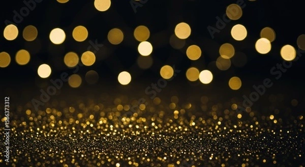 Fototapeta Sparkling golden glitter surface with blurred bokeh lights in the background creating a festive and elegant atmosphere.