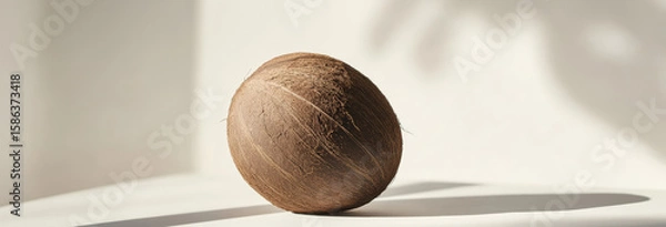 Fototapeta Whole Coconut with Rough Outer Shell on Light Background with Ample Text Space