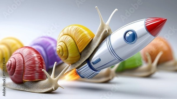 Fototapeta Whimsical scene of striped snail riding red rocket through air in surreal concept of speed versus slowness and humorous imagination, Generative AI