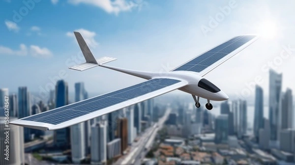 Fototapeta Futuristic solar-powered aircraft gliding over modern city skyline in bright sunlight representing eco aviation and smart clean energy, Generative AI
