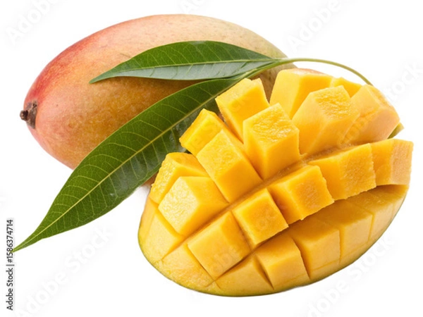 Fototapeta Ripe cut mango with green leaf. Isolated on a transparent background.