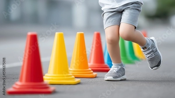 Fototapeta Child running through colorful cones on asphalt during outdoor activity or training exercise improving agility and coordination skills, Generative AI