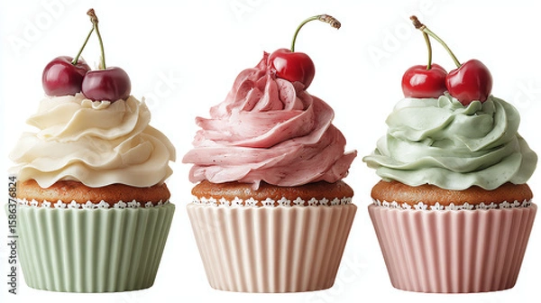 Fototapeta Stack of three cupcakes with different frosting colors and cherries on top, cute bakery PNG, transparent background