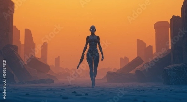 Fototapeta A futuristic humanoid figure walks through a desolate, apocalyptic landscape.