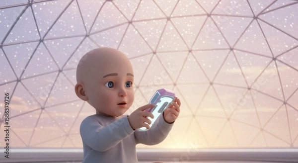 Fototapeta Animated baby looking at a glowing futuristic device, inside a dome.