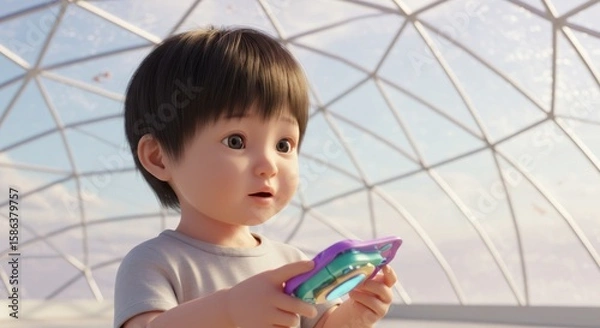 Fototapeta A young child with dark hair holds a toy under a geodesic dome, looking upwards with a curious expression.