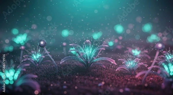 Fototapeta Glowing alien plants with luminescent leaves and orbs in a surreal, vibrant field.