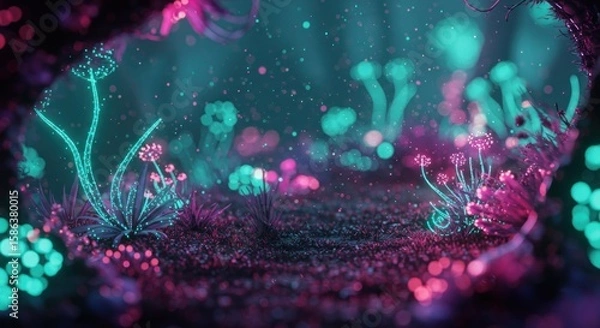 Fototapeta Abstract, glowing plants and fungi in a vibrant, otherworldly cave-like space.