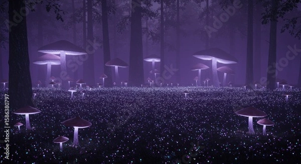 Fototapeta A mystical forest scene with glowing purple mushrooms and tall trees.
