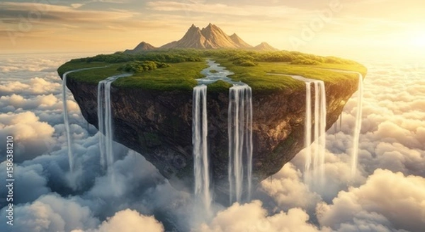 Fototapeta A surreal floating island with waterfalls cascading into a sea of clouds.