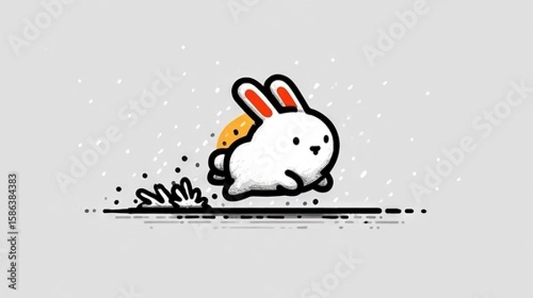 Fototapeta   A white rabbit jumps over a watery puddle with pizza in its mouth, as seen in this illustration